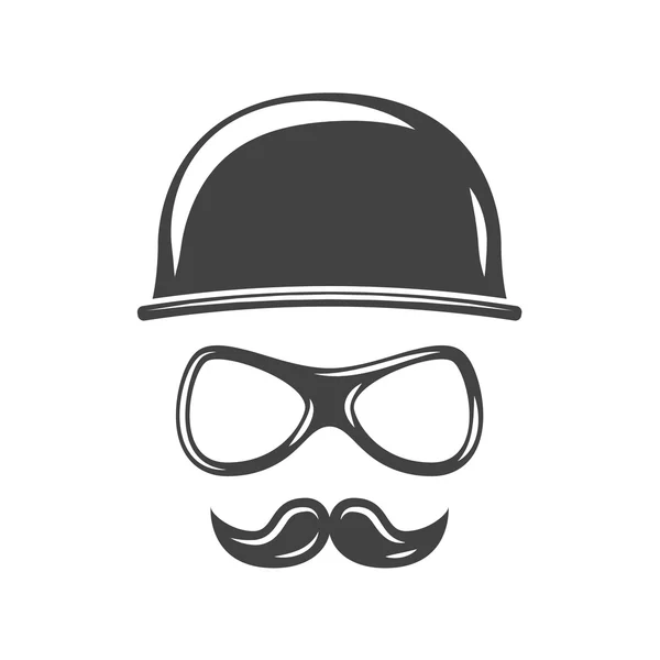 Hipster round retro hat, eyeglasses and moustache. Black icon, logo element, flat vector illustration isolated on white background. — Stock Vector