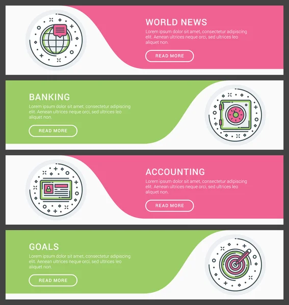 Set of flat line business website banner templates. Vector illustration. Modern thin line icons in circle. World News, Banking, Accounting, Goals — Stock Vector
