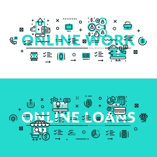 Online Works and Online Loans heading, title, web banner. Horizontal colored in white and turquoise flat vector illustration. — Stock Vector