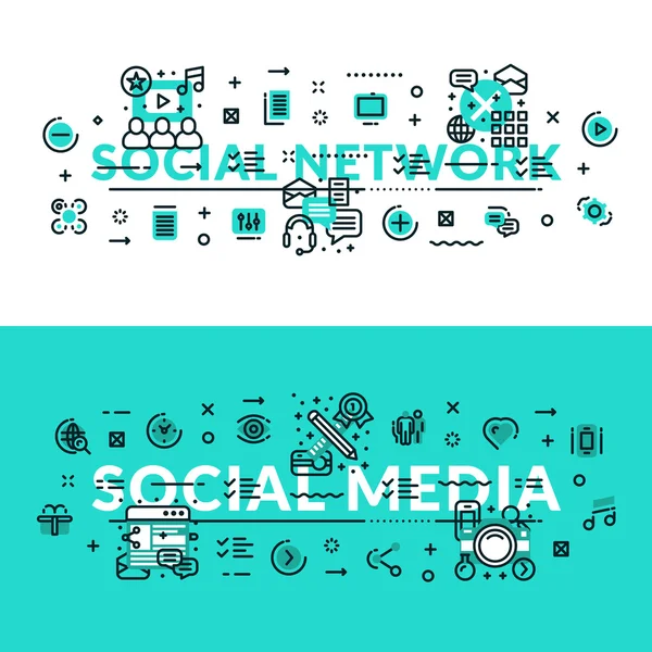 Social Media and Social Network heading, title, web banner. Horizontal colored in white and turquoise flat vector illustration. — Stock Vector
