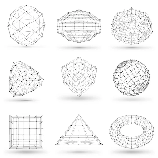 Drátový model polygonální geometrický prvek. Koule s čárami a tečkami. Vektorové ilustrace na bílém pozadí s odstínem — Stockový vektor