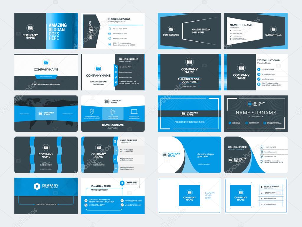 Set of modern creative business card templates. Blue and black colors. Flat style vector illustration. Stationery design