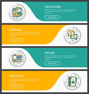 Düz çizgi iş web sitesi başlık sayfası şablonları kümesi. Vektör çizim. Daire modern ince çizgi simgeler. Çizim, destek, ofis, kişiler
