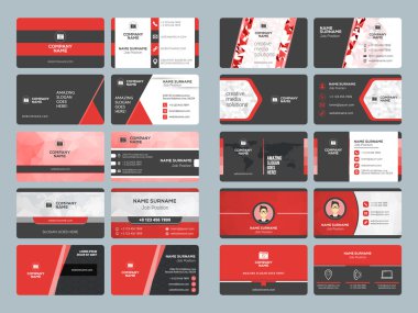 Kartvizit şablonları. İleti örneği tasarım vektör kümesi. Kırmızı ve siyah renkleri. Düz stil vektör çizim