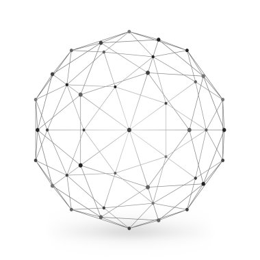 Tel kafes poligonal geometrik öğesi. Bağlantılı çizgiler ve noktalar ile küre. Vektör çizim gölge beyaz zemin üzerine