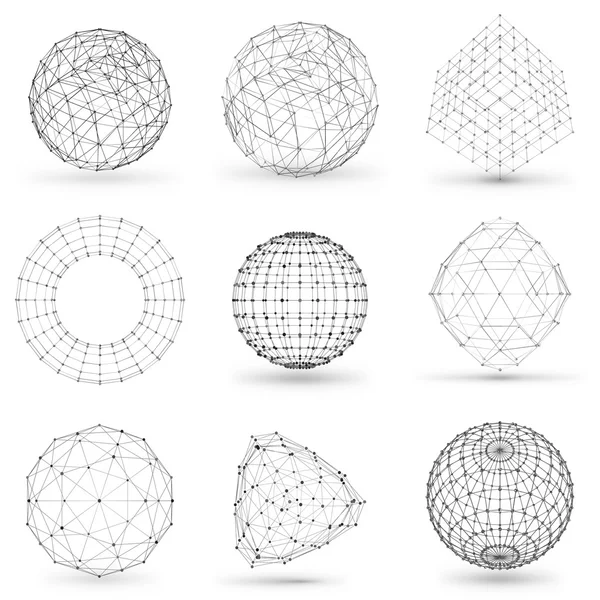 Elemento geométrico poligonal Wireframe. Esfera con líneas y puntos conectados. Ilustración vectorial sobre fondo blanco con sombra — Vector de stock
