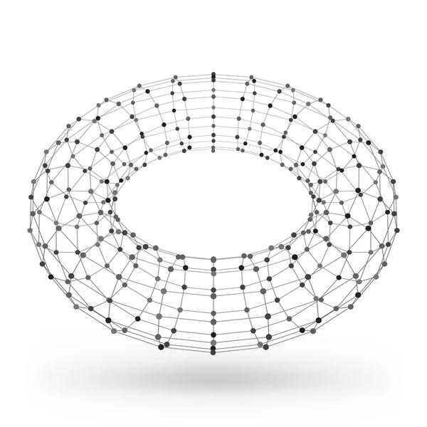 Elemen geometris poligonal bingkai Wireframe. Torus dengan garis dan titik-titik yang terhubung. Ilustrasi Vektor pada latar belakang putih dengan bayang-bayang - Stok Vektor