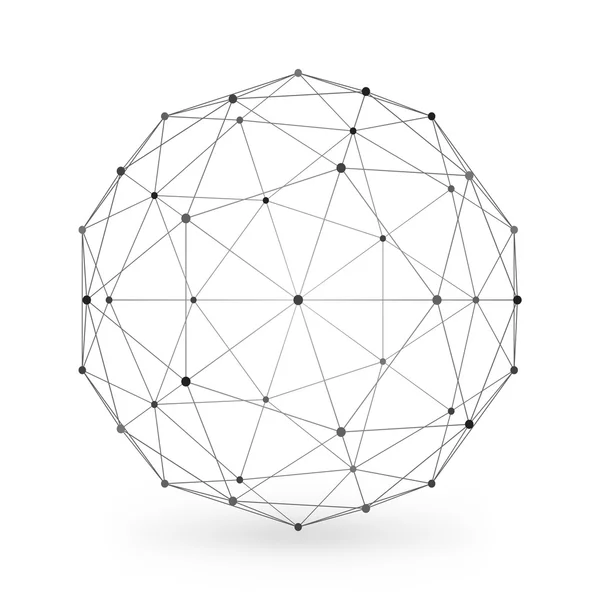 Tel kafes poligonal geometrik öğesi. Bağlantılı çizgiler ve noktalar ile küre. Vektör çizim gölge beyaz zemin üzerine — Stok Vektör