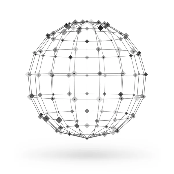 Elemento geométrico poligonal Wireframe. Esfera con líneas y puntos conectados. Ilustración vectorial sobre fondo blanco con sombra — Vector de stock