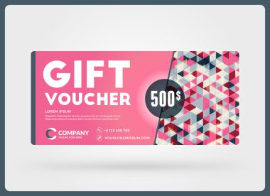 Hediye çeki. Vektör tasarım şablonu. Kart indirim. Hediye sertifikası. Pembe renk teması. Vektör çizim