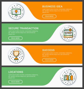 Düz çizgi iş web sitesi başlık sayfası şablonları kümesi. Vektör çizim. Daire modern ince çizgi simgeler. İş fikirleri, güvenli işlem, başarı, Mekanlar
