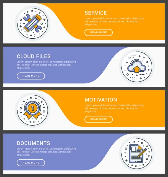 Ensemble de modèles de bannière de site Web d'entreprise de ligne plate. Illustration vectorielle. icônes de ligne mince moderne en cercle. Service, Stockage Cloud, Motivation, Documents — Image vectorielle