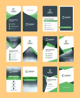 Dikey çift taraflı kartvizit şablonları. Kırtasiye tasarım vektör seti. Yeşil ve siyah renkler. Düz stil vektör çizimi