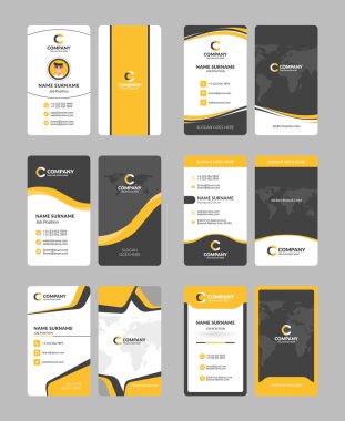 Dikey çift taraflı kartvizit şablonları. İleti örneği tasarım vektör kümesi. Sarı ve siyah renklerde. Düz stil vektör çizim