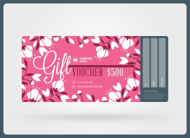 Hediye çeki. Vektör tasarım şablonu. Kart indirim. Hediye sertifikası. Pembe renk teması. Vektör çizim