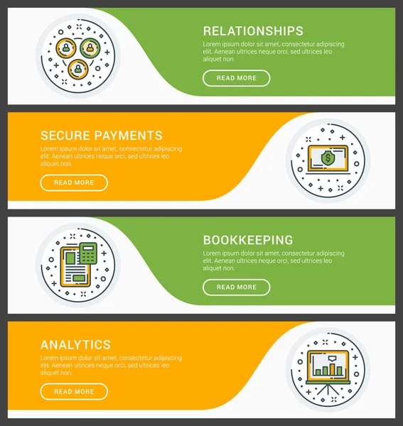 Conjunto de modelos de banner de site de negócios de linha plana. Ilustração vetorial. Ícones de linha fina modernos em círculo. Relacionamento, Pagamentos Seguros, Escrituração, Análise — Vetor de Stock