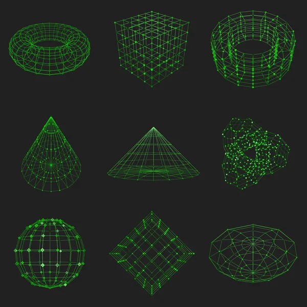 Набор многоугольных проволочных элементов. Абстрактные геометрические 3D-объекты с соединенными линиями и точками. Зеленые объекты на черном фоне — стоковый вектор