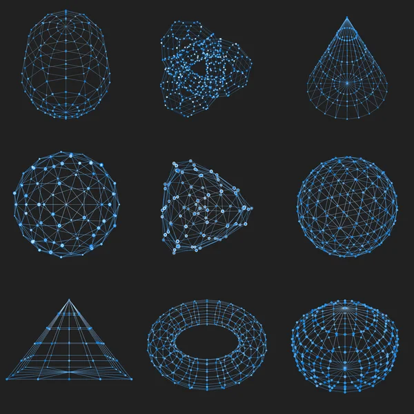 Набір багатокутних елементів каркасу дроту. Абстрактні геометричні 3D-об'єкти з з'єднаними лініями і точками. Сині об'єкти на чорному тлі — стоковий вектор