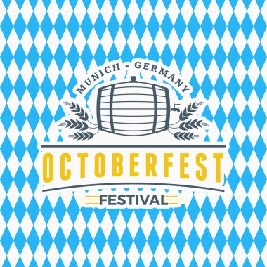 Bira Festivali Octoberfest kutlama. Retro tarzı rozet, etiket, mavi ve beyaz rhombus arka plan üzerinde amblemi. Vektör çizim. Bira şirketi şablonu