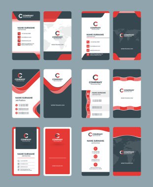 Dikey çift taraflı kartvizit şablonları. Kırtasiye tasarım vektör seti. Kırmızı ve siyah renkler. Düz stil vektör çizimi