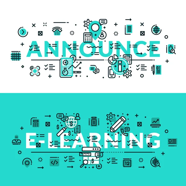 Anunciar y E-Learning encabezado, título, banner web. Horizontal coloreado en blanco y turquesa ilustración vectorial plana . — Archivo Imágenes Vectoriales