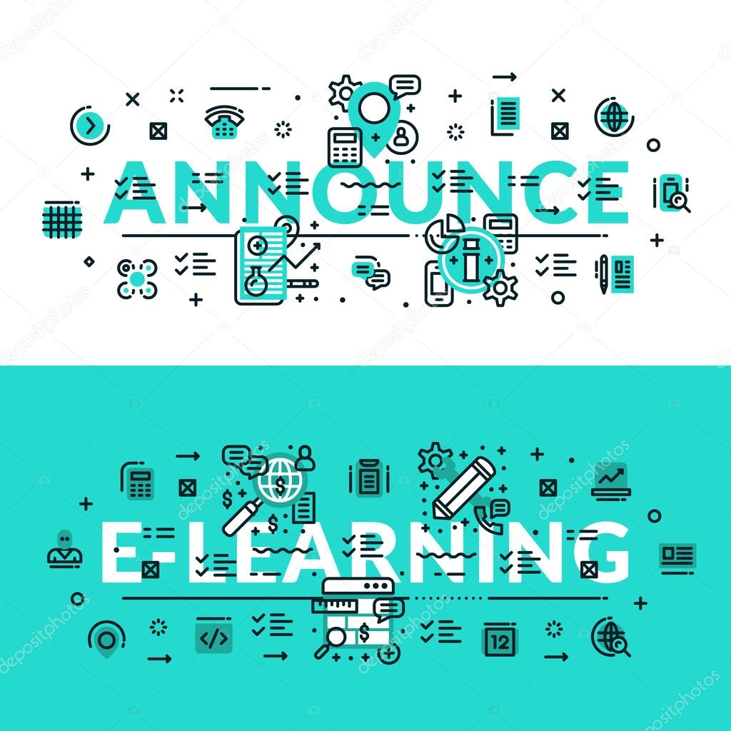 Announce and E-Learning heading, title, web banner. Horizontal colored in white and turquoise flat vector illustration.