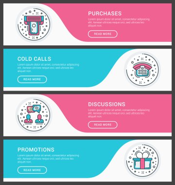 Düz çizgi iş web sitesi başlık sayfası şablonları kümesi. Vektör çizim. Daire modern ince çizgi simgeler. Satınalmalar, soğuk arama, tartışma, promosyonlar