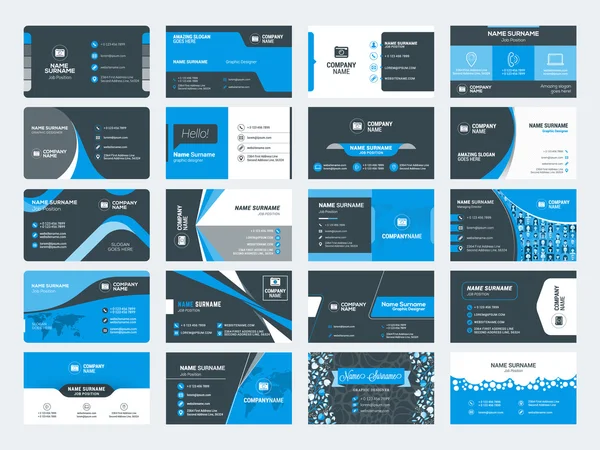 Set moderne creatieve visitekaartjes sjablonen. Blauwe en zwarte kleuren. Vlakke stijl vectorillustratie. Briefpapierontwerp — Stockvector