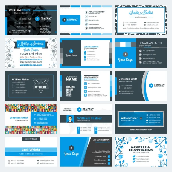 Set di modelli di biglietti da visita creativi moderni. Colori blu e nero. Illustrazione vettoriale in stile piatto. Progettazione di articoli di cancelleria — Vettoriale Stock