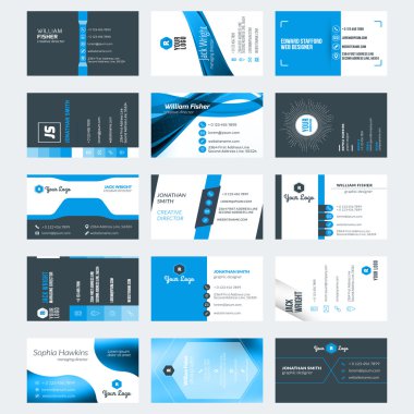 Modern yaratıcı kartvizit şablonları kümesi. Mavi ve siyah renk. Düz stil vektör çizim. İleti örneği tasarım