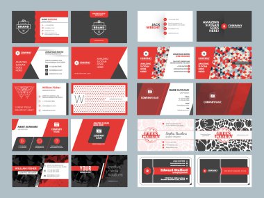 Kartvizit şablonları. İleti örneği tasarım vektör kümesi. Kırmızı ve siyah renkleri. Düz stil vektör çizim