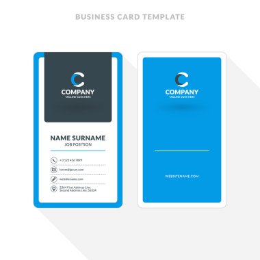 Dikey Çift Taraflı Kartvizit Şablonu. Mavi ve Siyah Renkler. Düz Tasarım Vektör İllüstrasyon. Kırtasiye Tasarımı