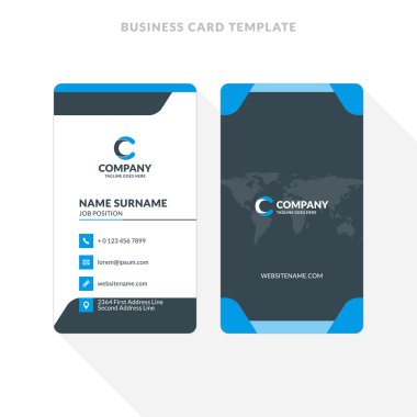 Dikey Çift Taraflı Kartvizit Şablonu. Mavi ve Siyah Renkler. Düz Tasarım Vektör İllüstrasyon. Kırtasiye Tasarımı