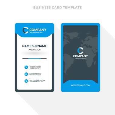 Vertical Double-sided Business Card Template. Blue and Black Colors. Flat Design Vector Illustration. Stationery Design clipart svg vector 