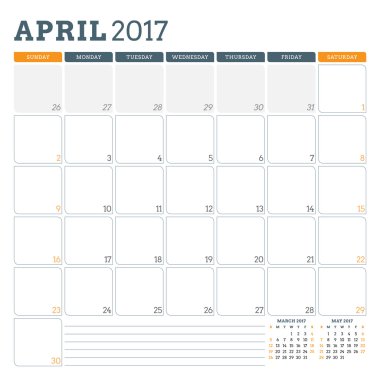 Nisan 2017 Takvim Planlayıcı Şablonu. Hafta Pazar başlar. Sayfada 3 Ay. Notlar için yer. Kırtasiye Tasarımı. Vektör Takvim Şablonu