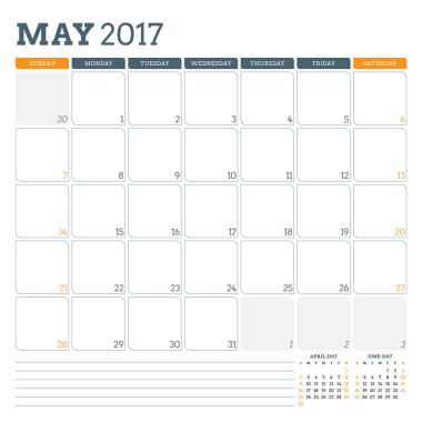 Mayıs 2017 Takvim Planlayıcı Şablonu. Hafta Pazar başlar. Sayfada 3 Ay. Notlar için yer. Kırtasiye Tasarımı. Vektör Takvim Şablonu