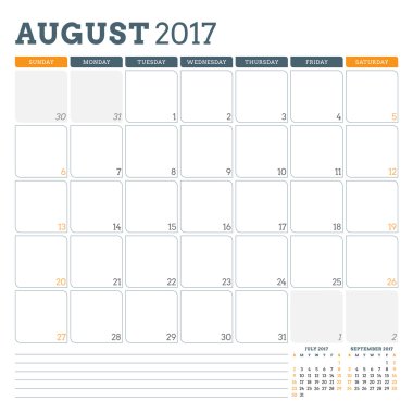 Ağustos 2017 Takvim Planlayıcı Şablonu. Hafta Pazar başlar. Sayfada 3 Ay. Notlar için yer. Kırtasiye Tasarımı. Vektör Takvim Şablonu