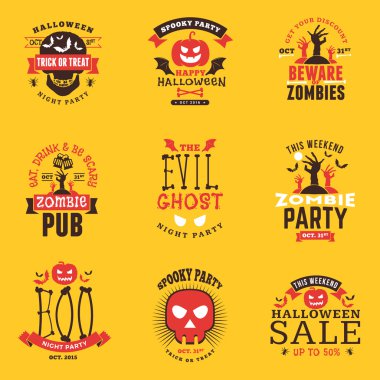 Mutlu Cadılar Bayramı Rozetleri, Çıkartmalar, Etiketler seti. Tebrik Kartı veya Parti El İlanı için Tasarım Öğeleri. Vektör İllüstrasyon. Dekorasyon Elemanları