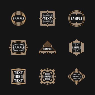 Sanat Dekoratif Geometrik Logo Şablonları Seti. Siyah arka plan üzerinde kahverengi. Vektör Süsleri, Vektör Süslemeleri, Çizgi Süsü, Vektör Logoları, Vektör Etiketleri