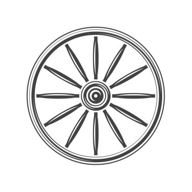 Eski batı vagon tekerleği. Siyah simge, logo öğesi, beyaz arka planda yalıtılmış vektör çizimi