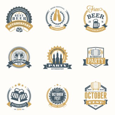 Bira Festivali Octoberfest kutlamaları. Retro vintage bira rozetleri, Etiketler, amblemler kümesi. Vektör tasarım öğeleri