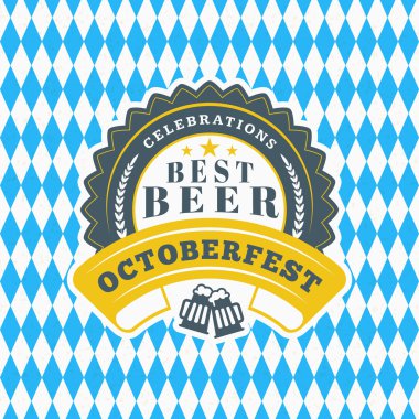 Bira Festivali Octoberfest kutlama. Retro tarzı rozet, etiket, mavi ve beyaz rhombus arka plan üzerinde amblemi. Vektör çizim. Bira şirketi şablonu