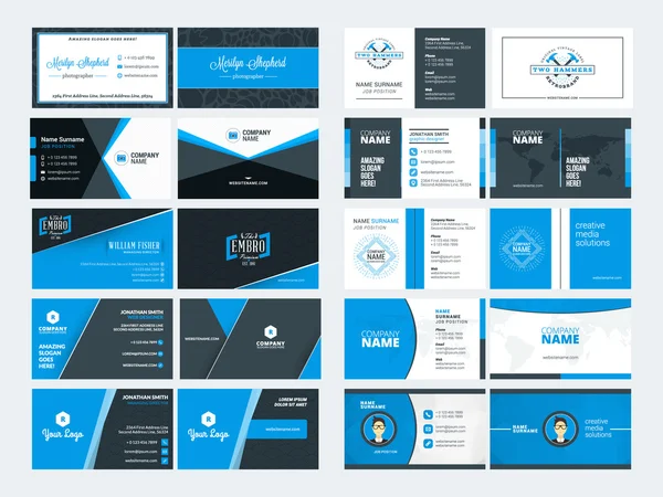 Conjunto de modelos modernos de cartões de visita criativos. Cores azul e preto. Ilustração vetorial de estilo plano. Desenho de papelaria —  Vetores de Stock