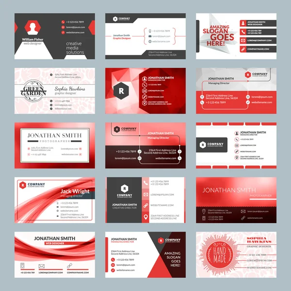 Modelos de cartões de visita. Conjunto de vetores de design de papelaria. Cores vermelho e preto. Ilustração vetorial de estilo plano — Vetor de Stock