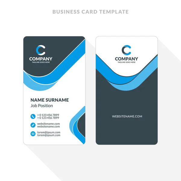 Vertical Double-sided Business Card Template. Blue and Black Colors. Flat Design Vector Illustration. Stationery Design — Stock Vector