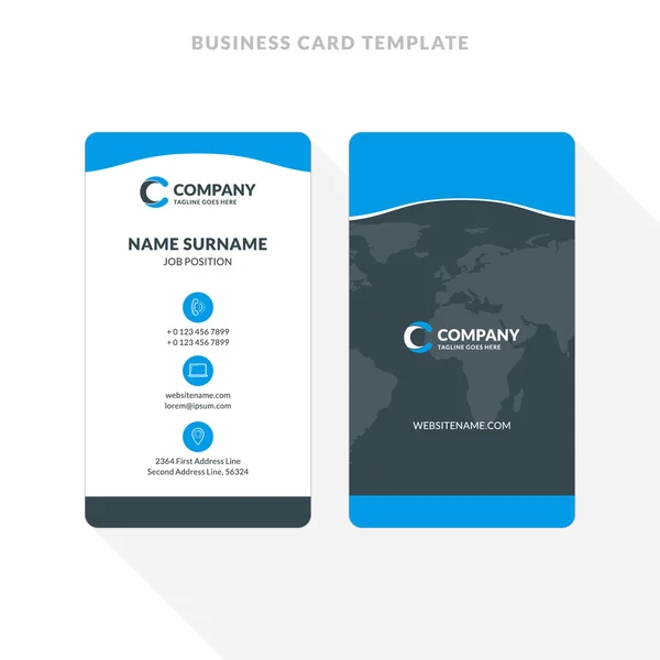 垂直両面名刺テンプレート。青と黒の色。フラット デザイン ベクトル イラストレーション。文房具のデザイン — ストックベクタ