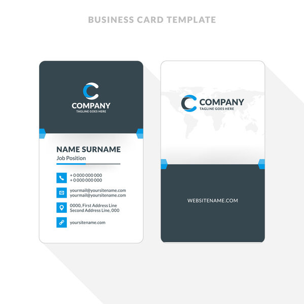 Vertical Double-sided Business Card Template. Blue and Black Colors. Flat Design Vector Illustration. Stationery Design
