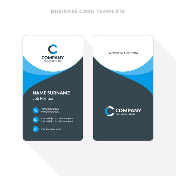 Вертикальный двусторонний шаблон визитной карточки. Синий и черный цвета. Векторная иллюстрация плоского дизайна. Канцелярский дизайн
