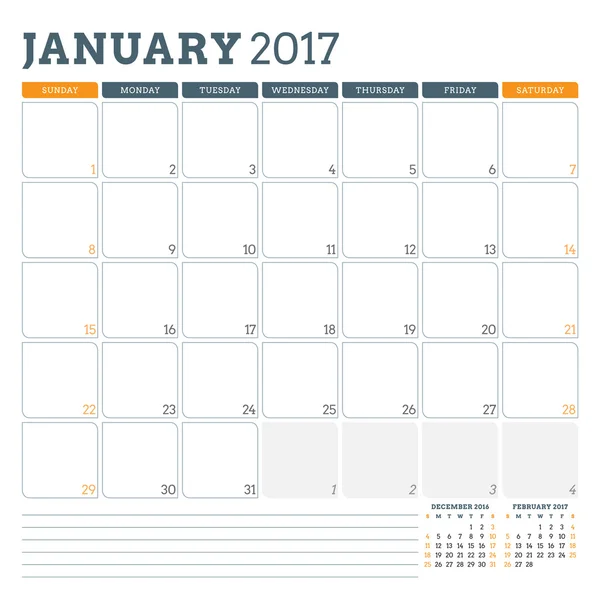 Kalenderplaner-Vorlage für Januar 2017. Woche beginnt Sonntag. 3 Monate auf Seite. Platz für Notizen. Schreibwarendesign. Vektorkalendervorlage — Stockvektor