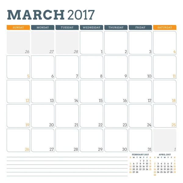 Plantilla de planificador de calendario para marzo de 2017. La semana empieza el domingo. 3 meses en la página. Lugar para Notas. Diseño de Papelería. Plantilla de calendario vectorial — Archivo Imágenes Vectoriales